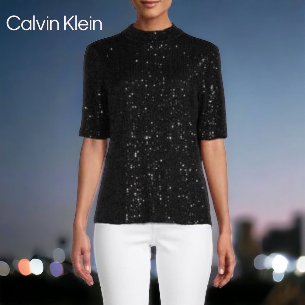 Calvin Klein Black Sequin Mock Turtleneck Short Sleeve